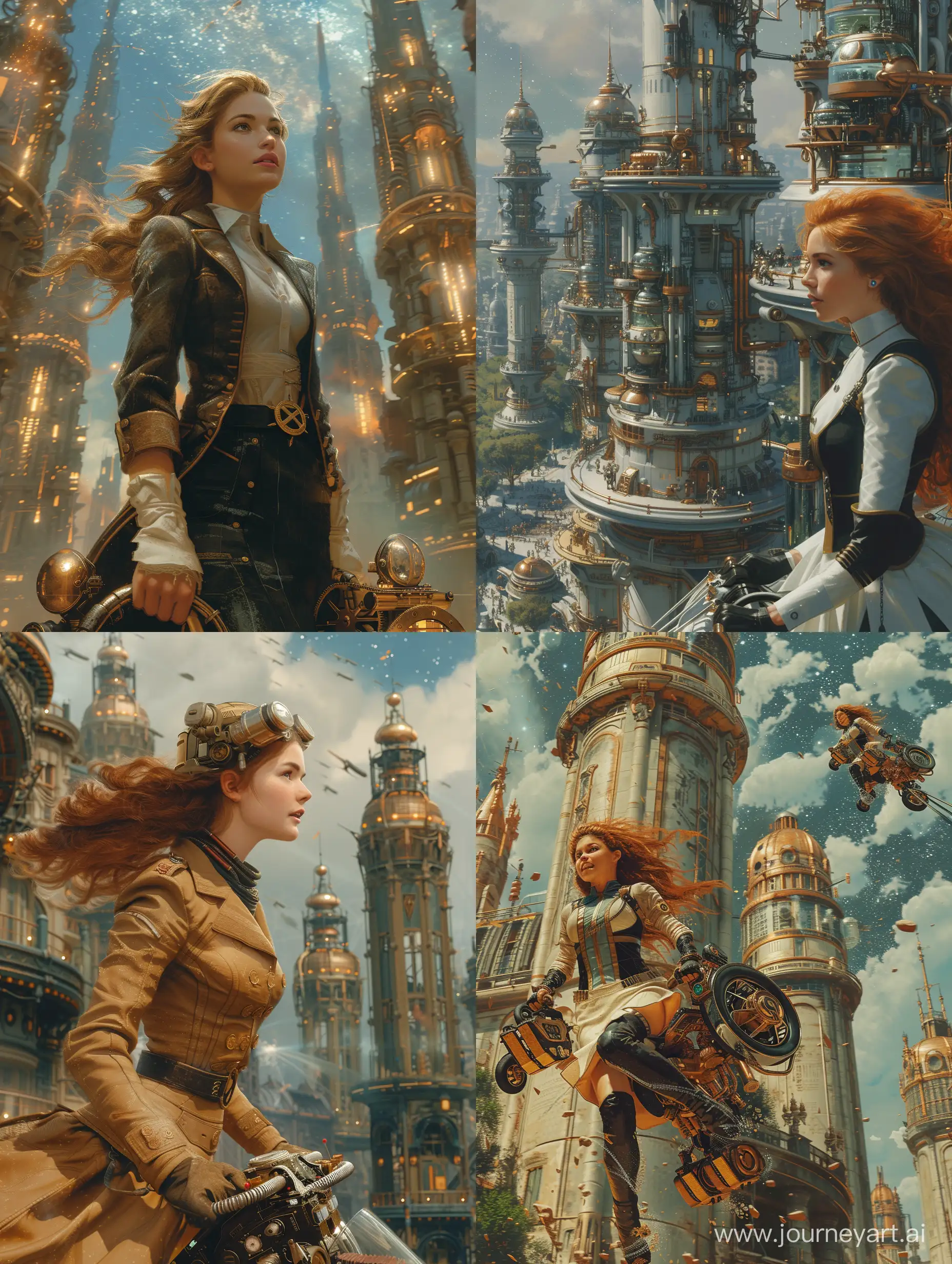 Beautiful Women  in business dress with flycycle in the steampunk style of the Victorian era state of street on big towers with magic effect and laboratory futuristic devices, in starry sky future space station , Luis Royo and Jim Lee style, features, ancient, highly detailed, complex, golden ratio composition, X-Men comic book cover, --v 6.0 --ar 3:4 --s 750