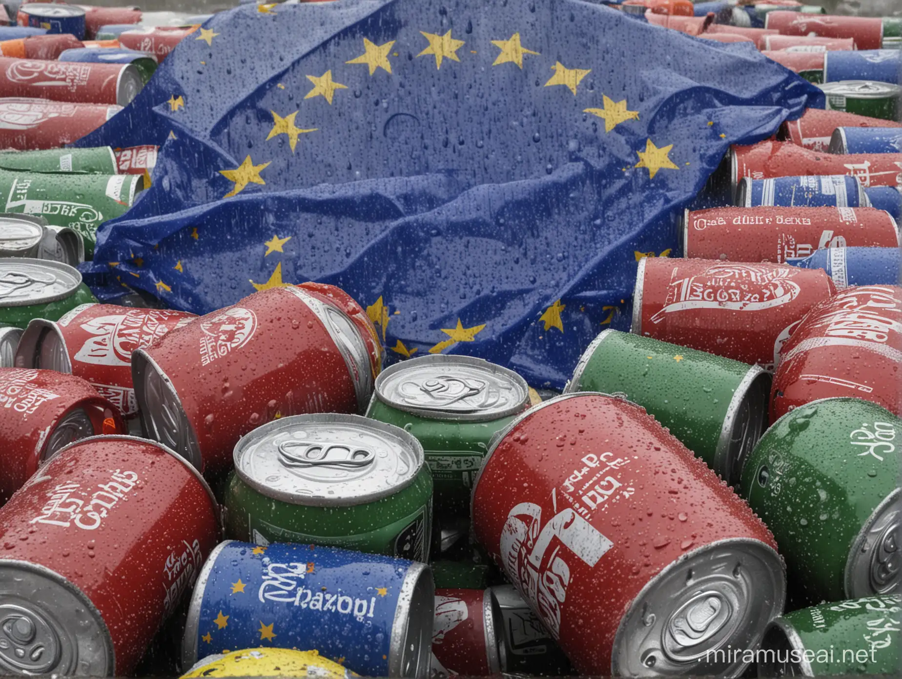 Rain purs down over the eu flag, waving behind a pile of used soda cans, no logos visible.