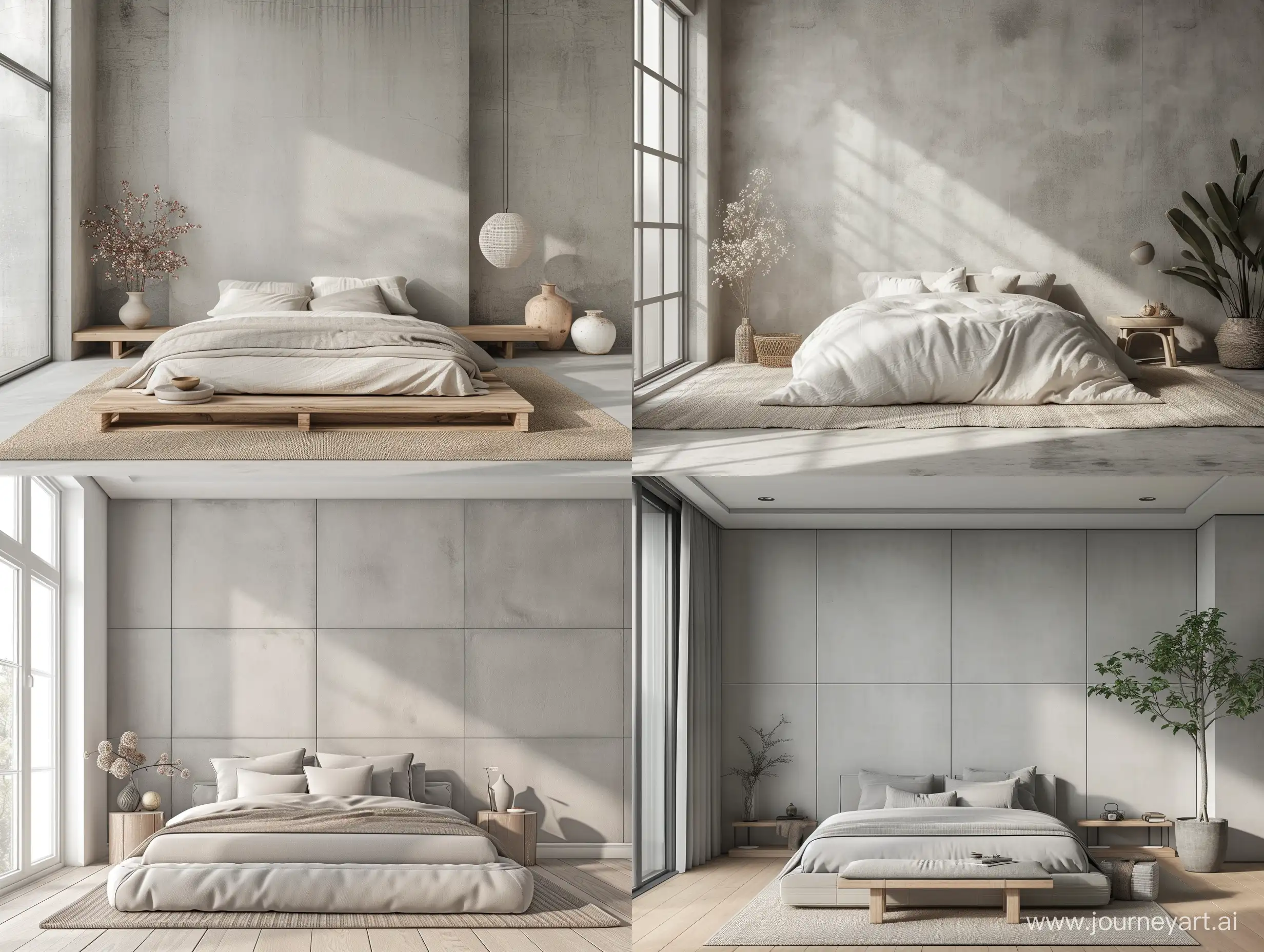interior design, bedroom, light gray solid wall panels of large size, realistic photo, wabi-sabi, japandi

