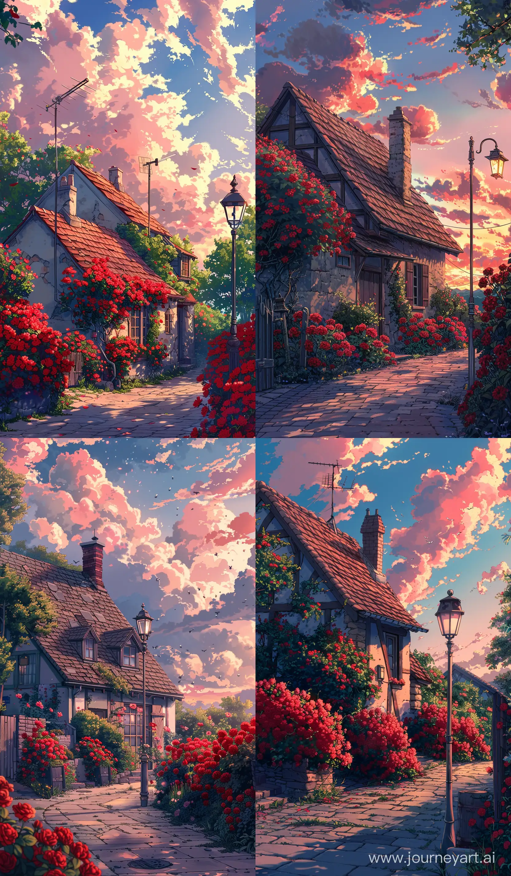 Beautiful anime scenary, mokoto shinkai style, french countryside cottage look, street, pavement road,red flowers around cottage , bushes, old lamp post , "light pink and  blue sky", close up sky, beautiful sky, illustration, anime scenes, ultra HD, high quality, sharp details , no hyperrealistic --ar 10:17 --s 400