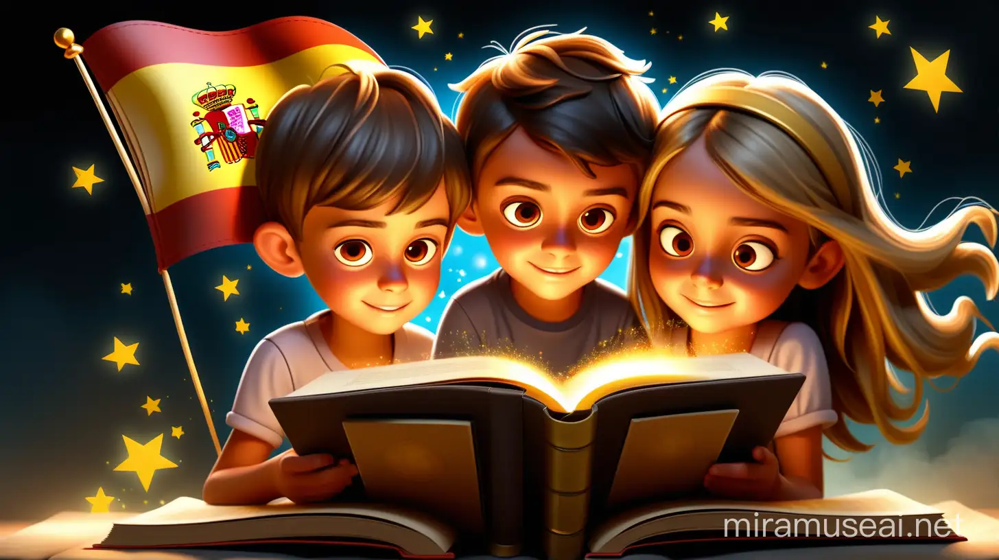 Children Engrossed in Magical Reading with Glowing Spanish Flag