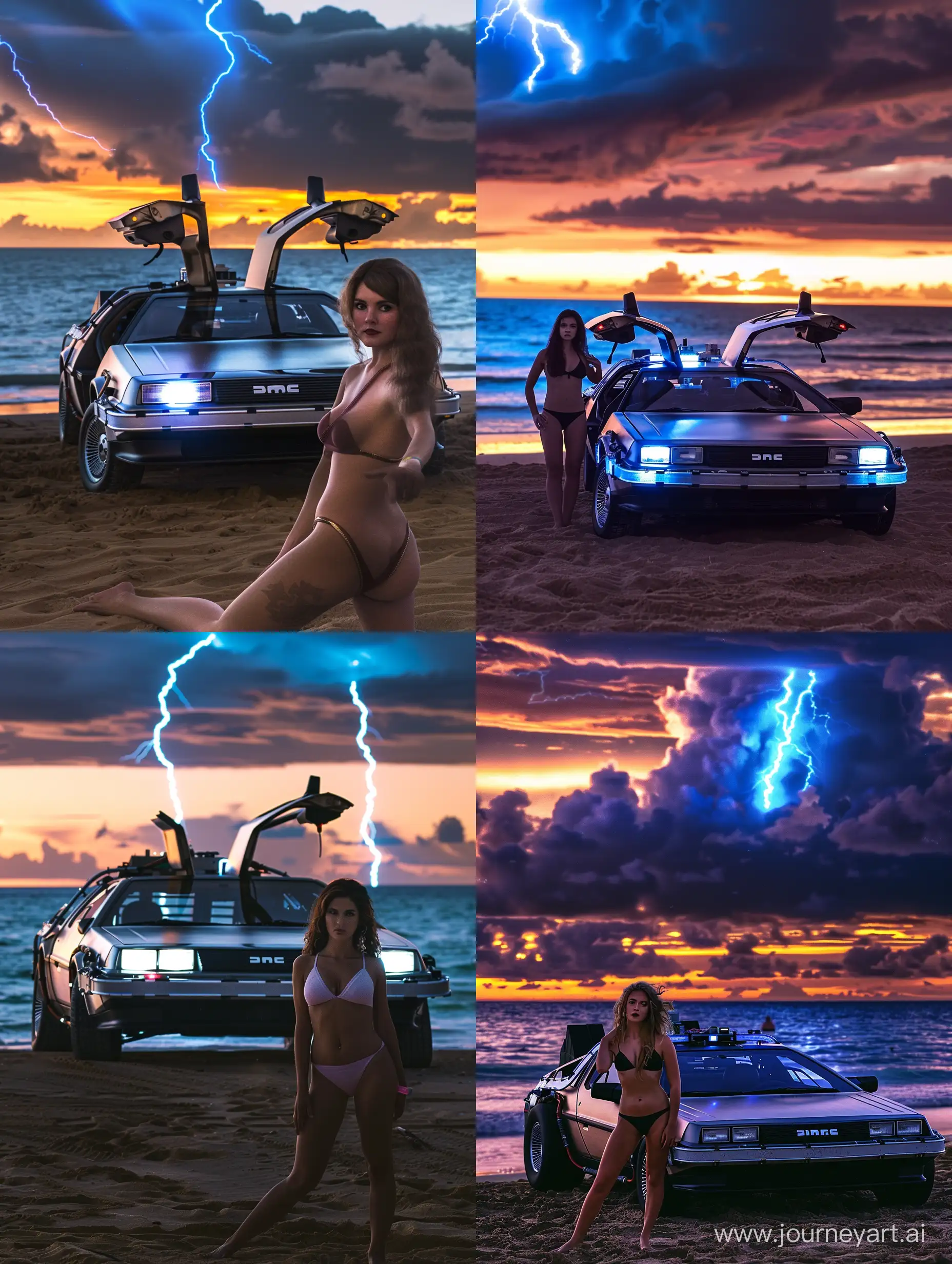 Back to the Future delorean on a beach at sunset. High contrast. Dramatic. Blue lightning in the sky. Hot babe in bikini posing in foreground.