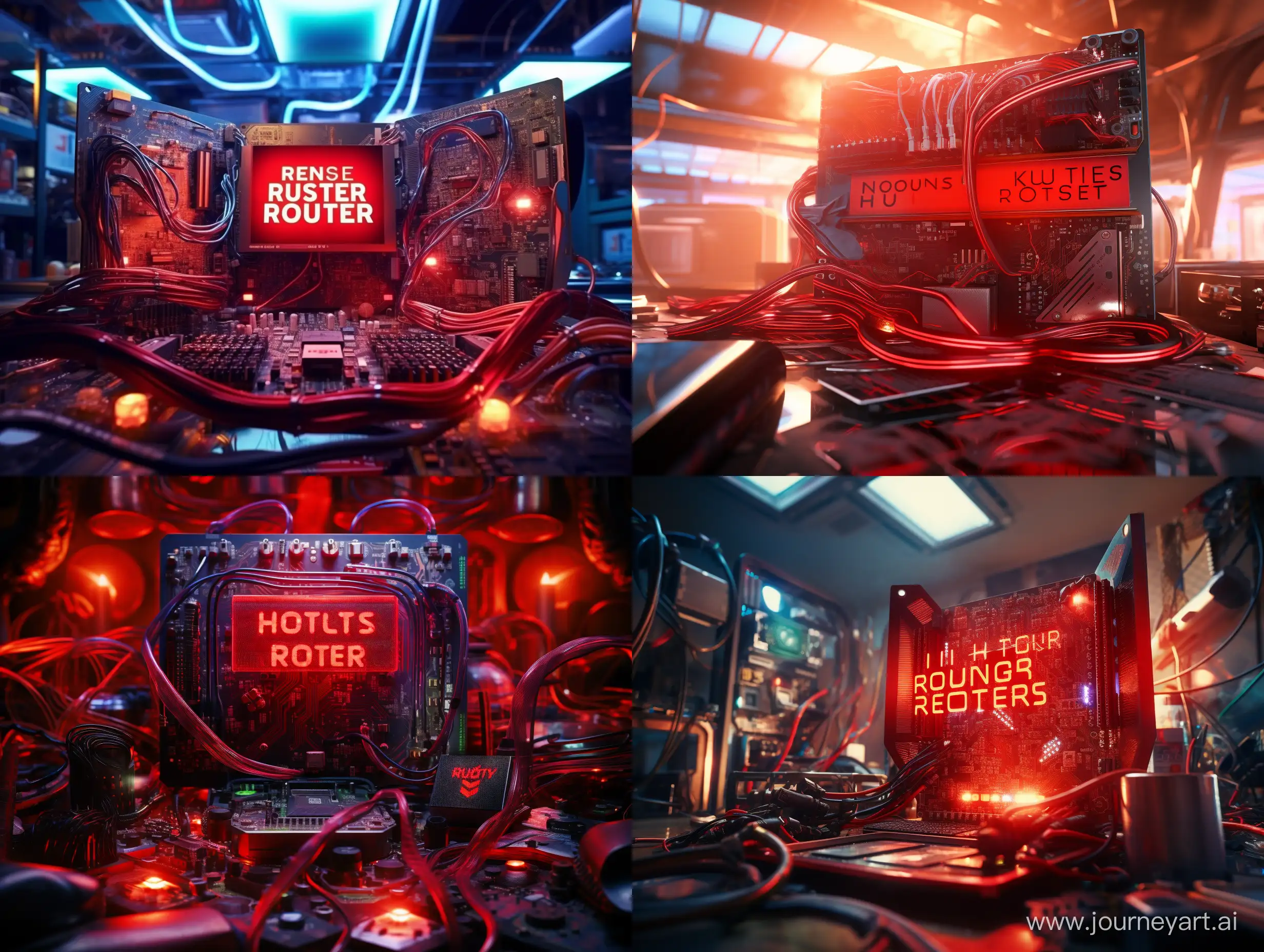 Large image of the word "ROOT HUNTERS" in gas discharge lamps with an attractive shape of computer neon metal font on chips, copper coils, a large number of wires, computers in the background, danger signs and flying viruses in the foreground, red color, best quality, detail, uhd 