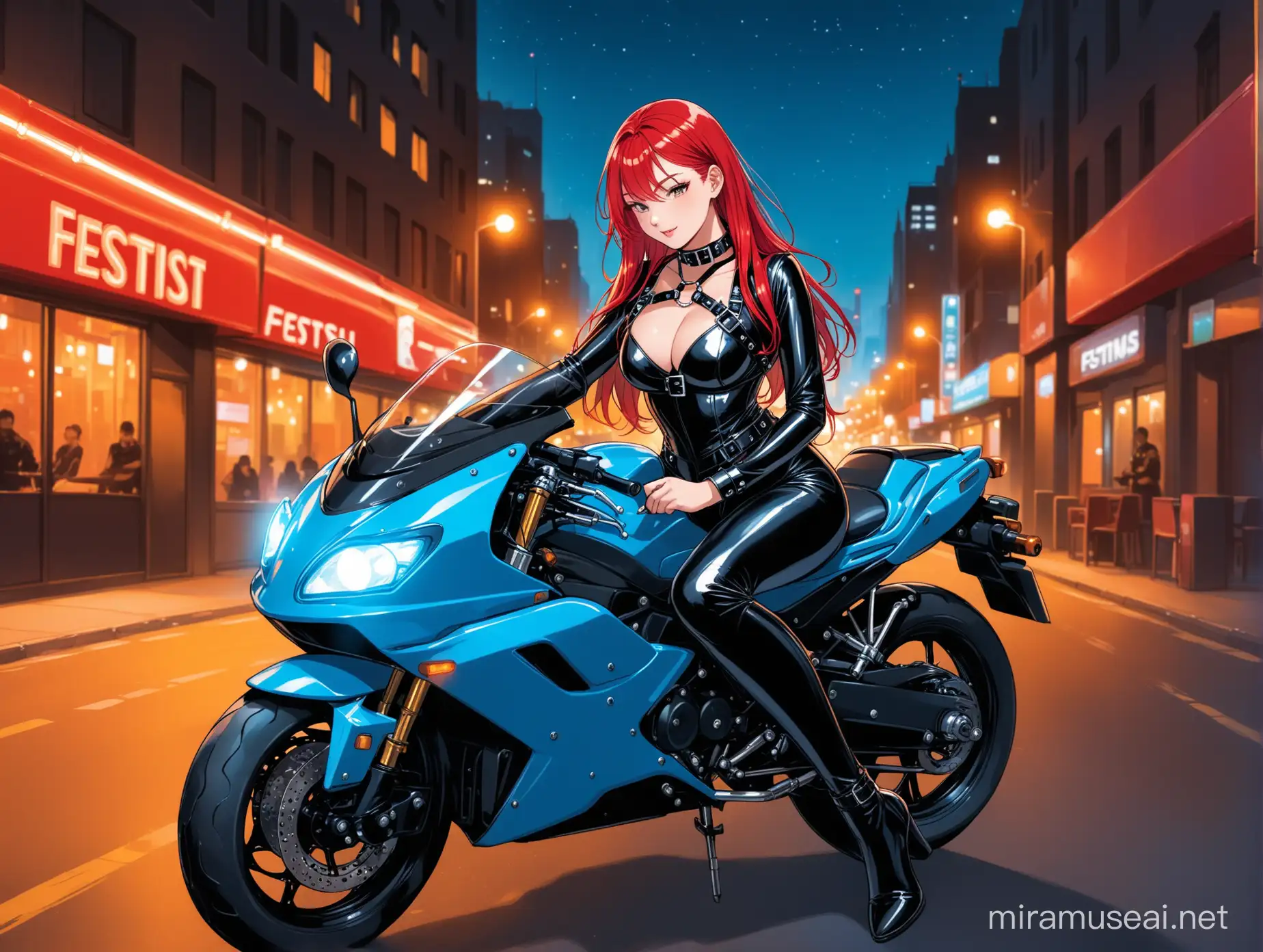 oung woman with bright red hair sitting on a blue motorbike in a city at night, wearing a shiny black rubber catsuit, a tight black corset, a steel choker collar, belt. festish harness,