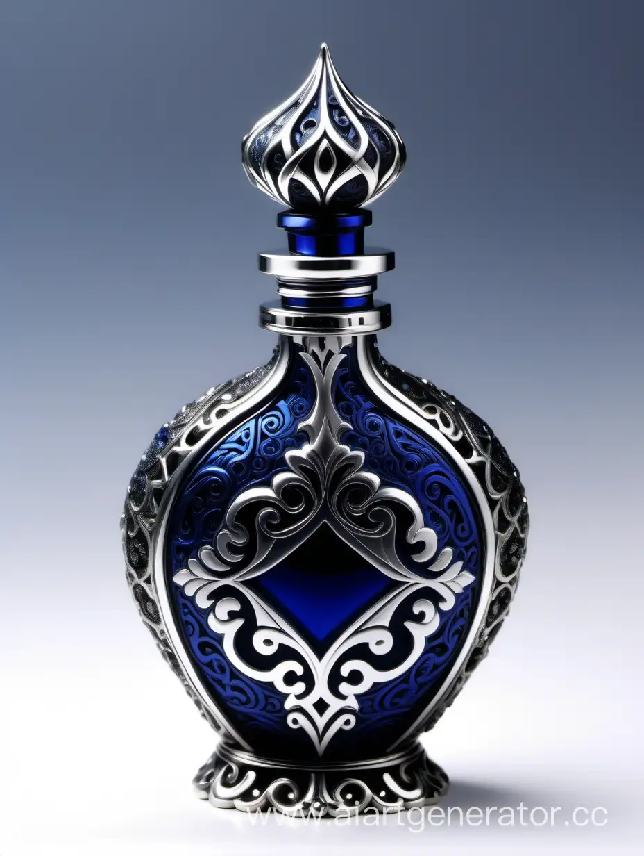 Incredibly detailed, elaborate, embellished potion bottle containing the elixir of life decorative ornamental Zamac Perfume cap, and bottle Dark blue, silver color with dark black square arabesque pattern shaped | metallizing finish