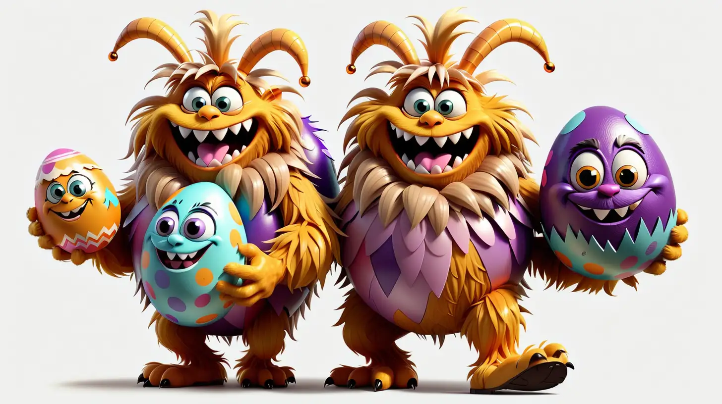 A couple of Happy furry honey Monster carrying lots of giant Easter Eggs, blank transparent background