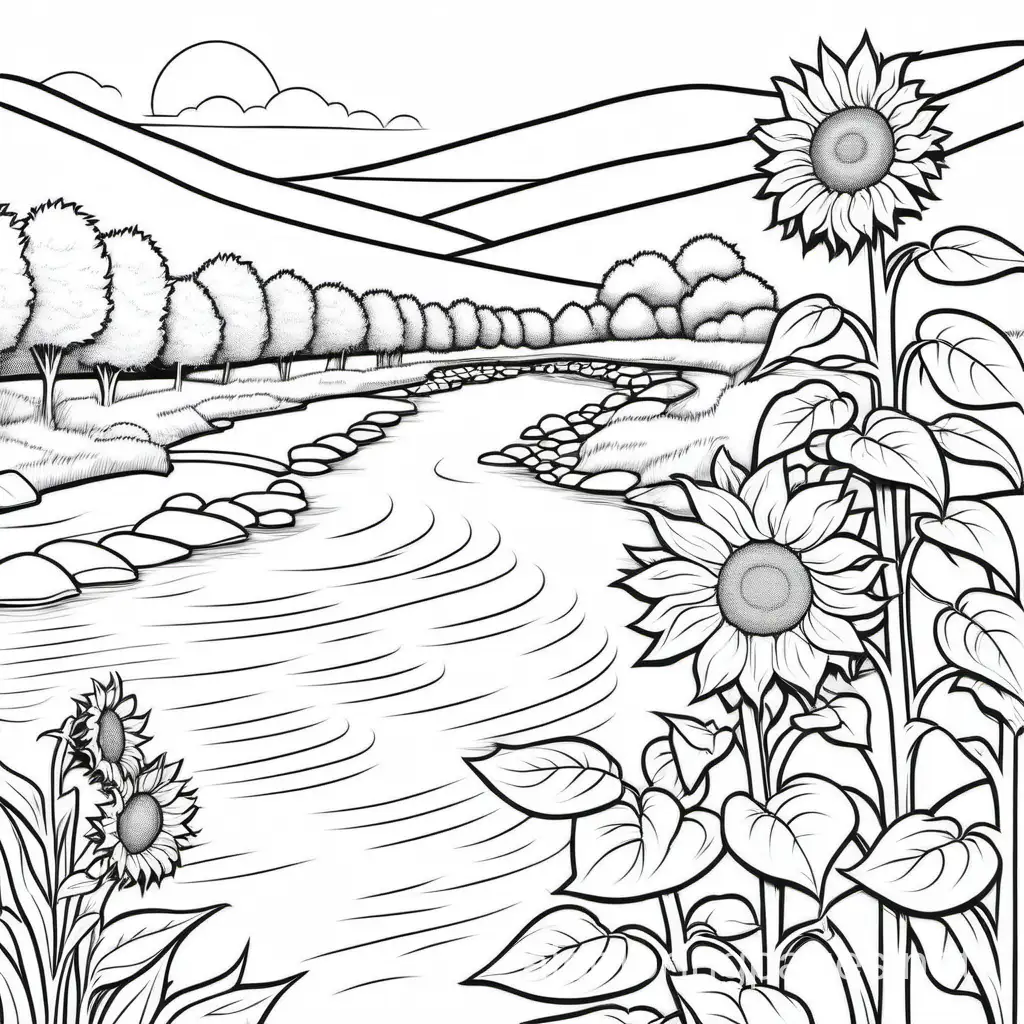 Sunflowers-by-a-River-Coloring-Page-Simple-Line-Art-for-Kids