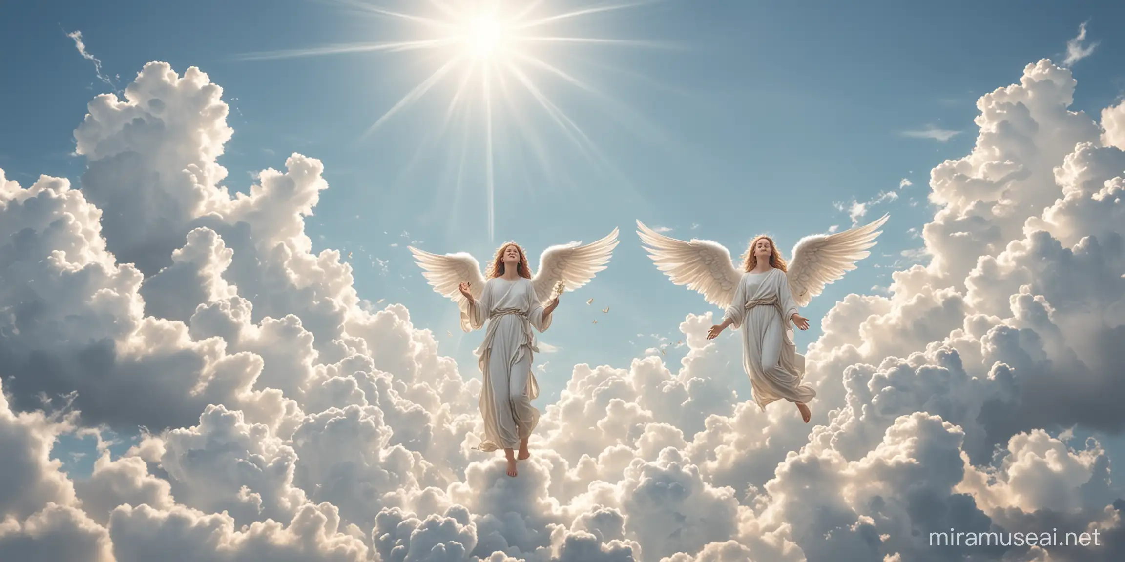 Heavenly Angels and Gods Blessing in White Cloud Sky
