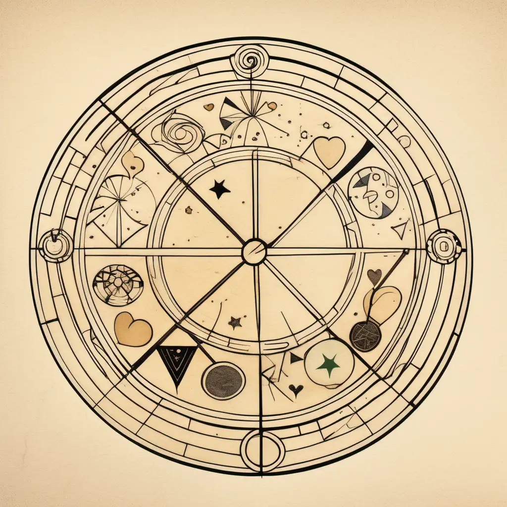 Astrogical wheel libra sign in love, , etching, on light beige, bold color, muted palette,, loose line drawing, playfully intricate, puzzle-like elements, black and white