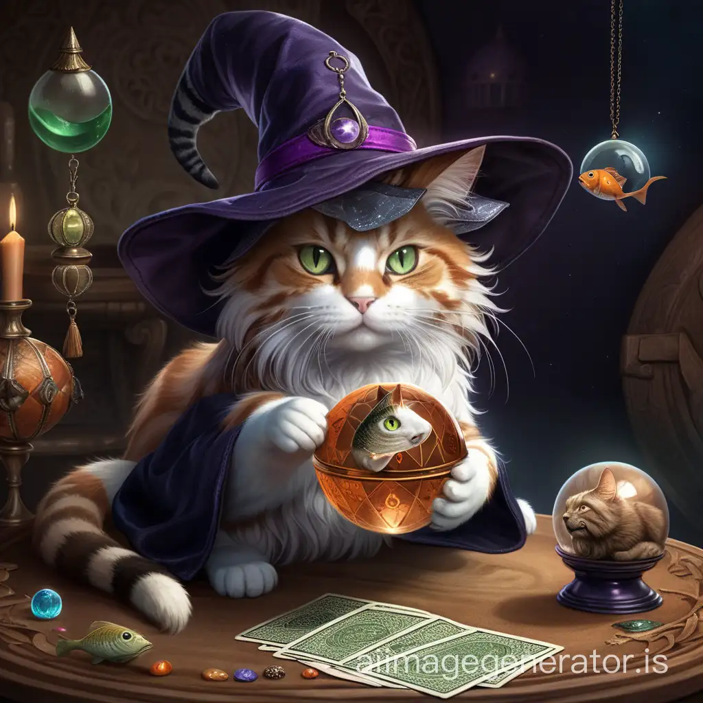 cat, in a witch's hat, conjures over a ball, a fortune teller's ball with fish inside