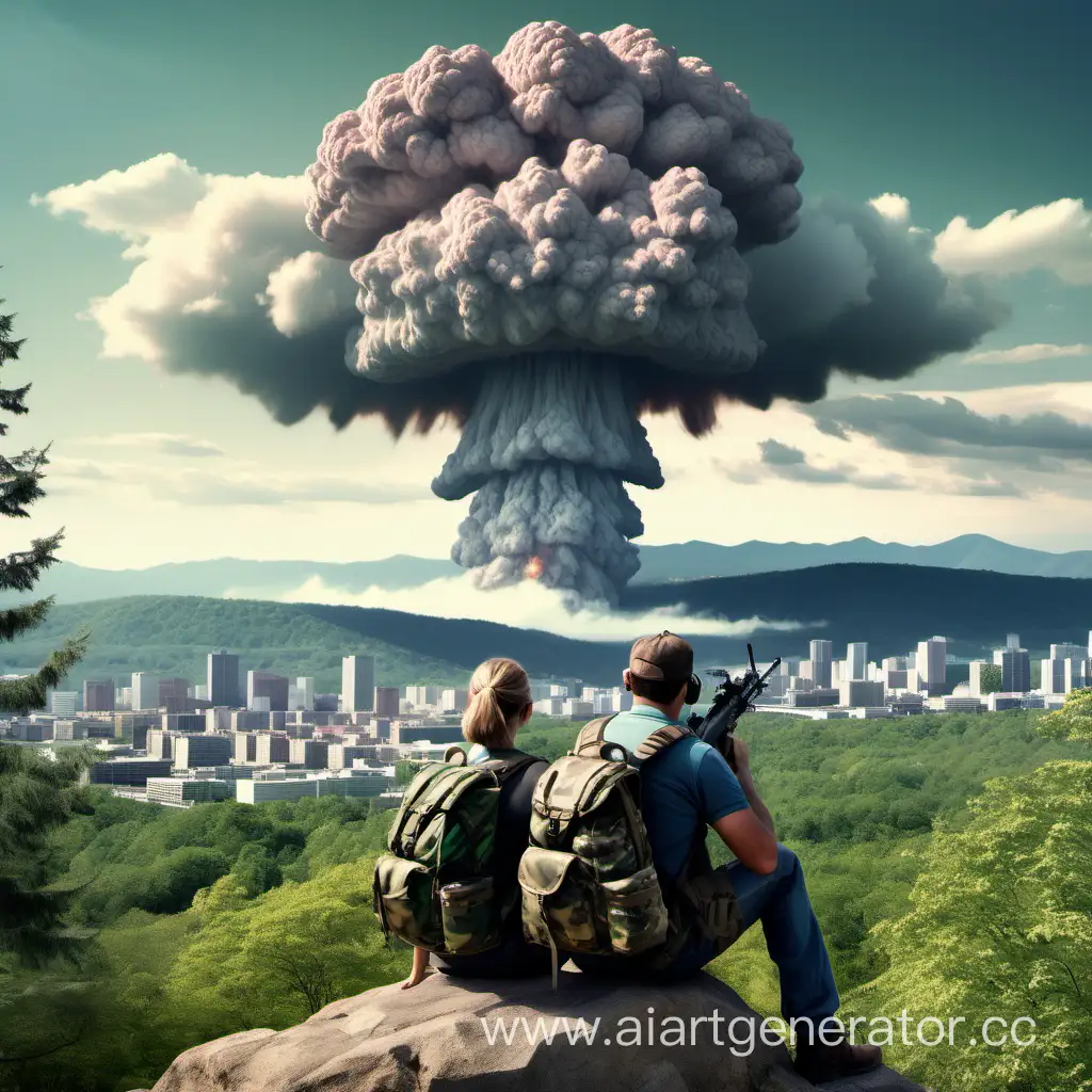 giant nuclear cloud in distant city, man with rifle, woman with rifle, overlooking city from forested hill, wearing camo with camo backpacks, color photo
