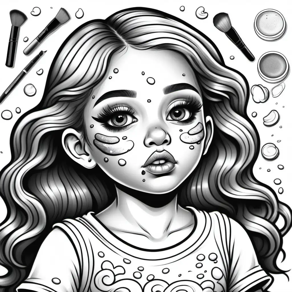 adult coloring book, black and white. Illustrated, cartoon style, dark-lined, no shading, highly detailed. A little girl making a mess on her face with  makeup. no background