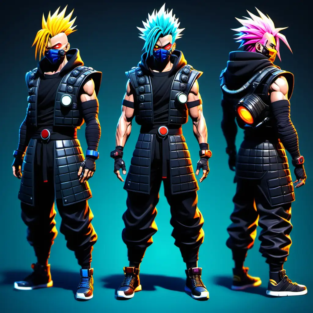 Joe is a Samurai with multicolor Dragon Ball Z style spikey hair, a mechanical cyberpunk eyepatch, a scorpion mask from mortal kombat, an all black hoodie with multiple unique colored shapes, with a black puffy vest with glowing cyberpunk lights and ammo pouches,  samurai shogun armored pant's with a cyberpunk theme, Futuristic nike style shoes! Fortnite Style Skin