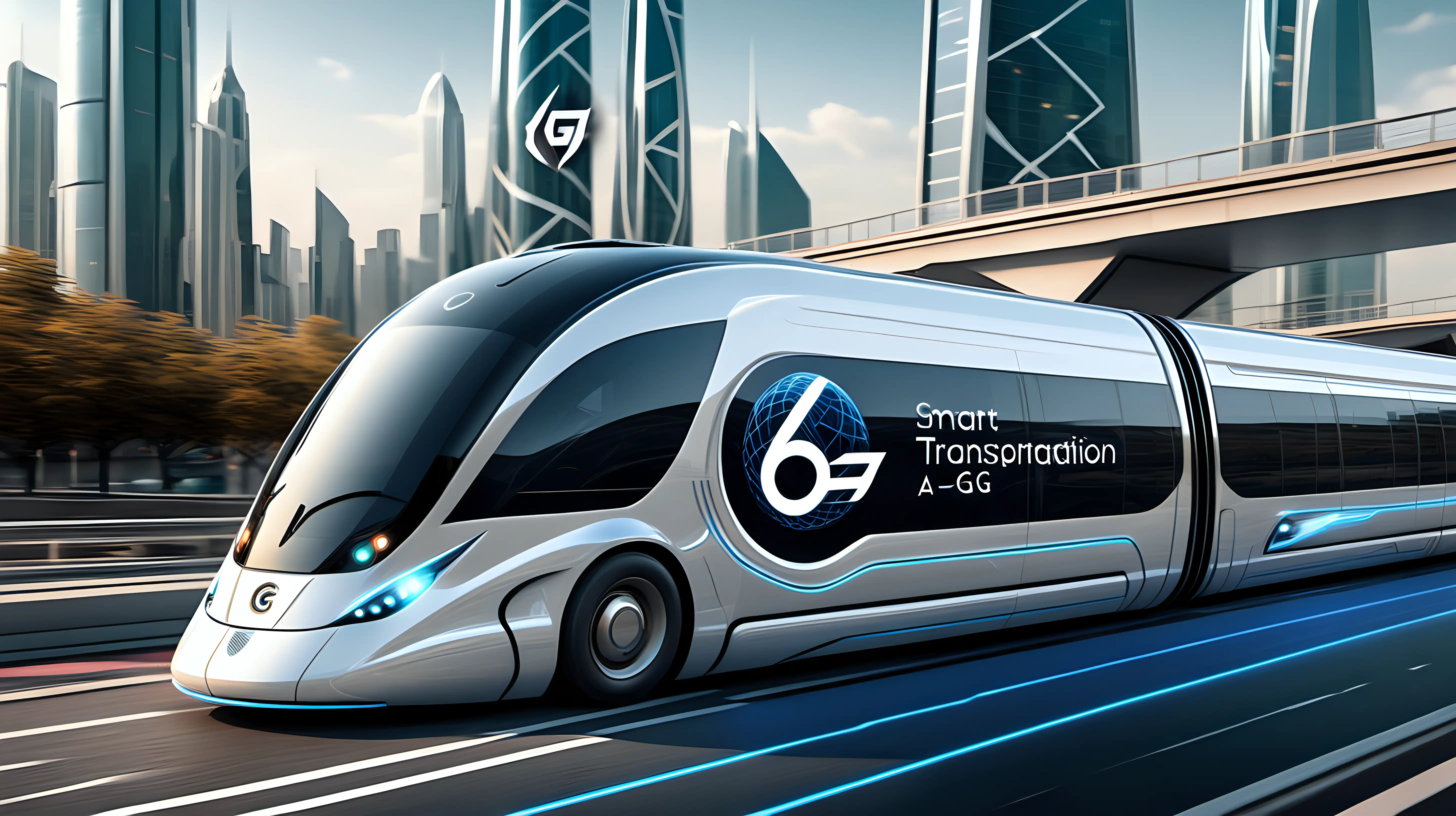 A high-speed transportation system with 6G connectivity, featuring the logo prominently on futuristic vehicles, emphasizing the role of 6G in smart transportation.