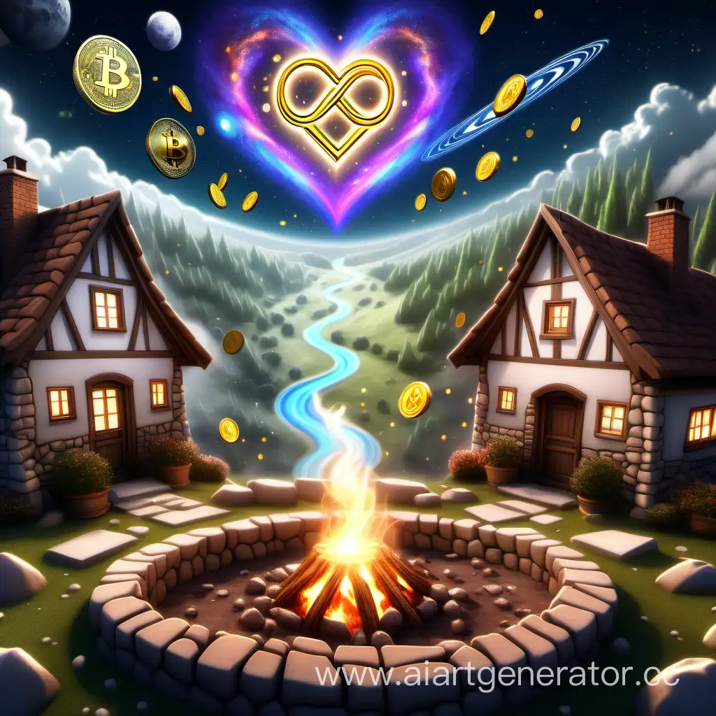 Cryptocurrency, cozy hearth, uniting people, cosmos, infinity, village