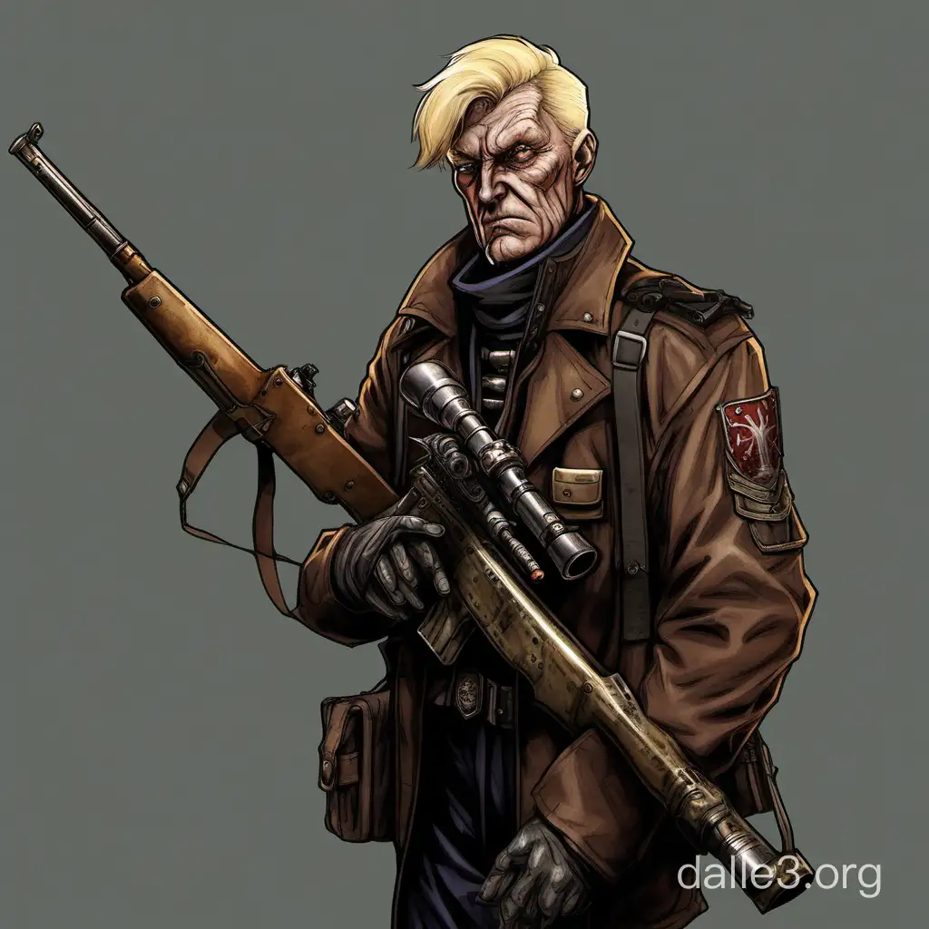 Please generate a portrait for my RPG character. The game is Dark Heresy, a W40K game. He is an imperial marksman dressed in a flak jacket. He fits into a medium but the flak jacket is an extra large. He is very tired and smoking a cigarette. He carries a bolt-action wooden rifle in his hands. He has short blond hair, gray eyes and light brown, wrinkled skin. He appears calm and has a slight smirk.
