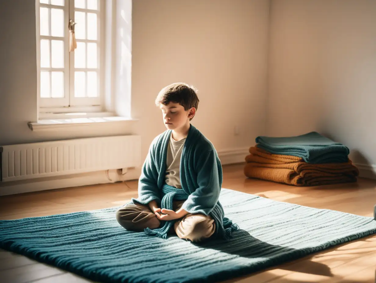 Boy of about 24 years old meditating on a woolen blanket in a bright room. The style of the picture should be similar to the drawing of a fable that stimulates the imagination, in the style of Waldorf education