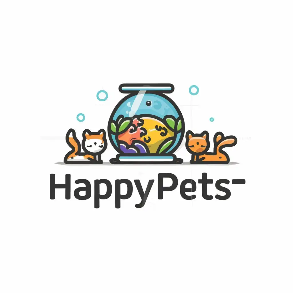 a logo design,with the text "Happy Pets", main symbol:Aquarium with Fishes  and other pets,complex,be used in Animals Pets industry,clear background