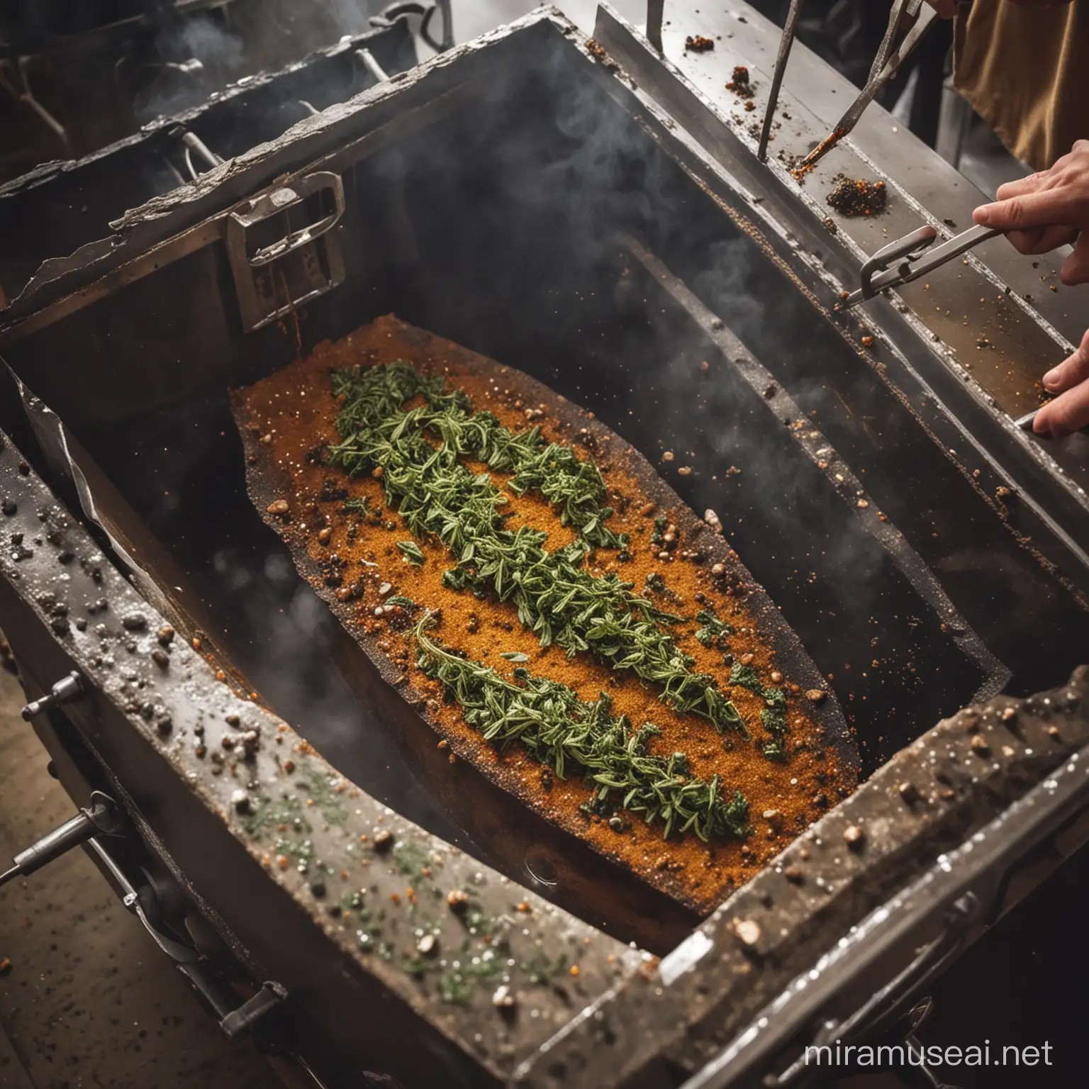 A coffin sprinkled with a secret blend of herbs and spices, being slowly lowered into a deep fat fryer.