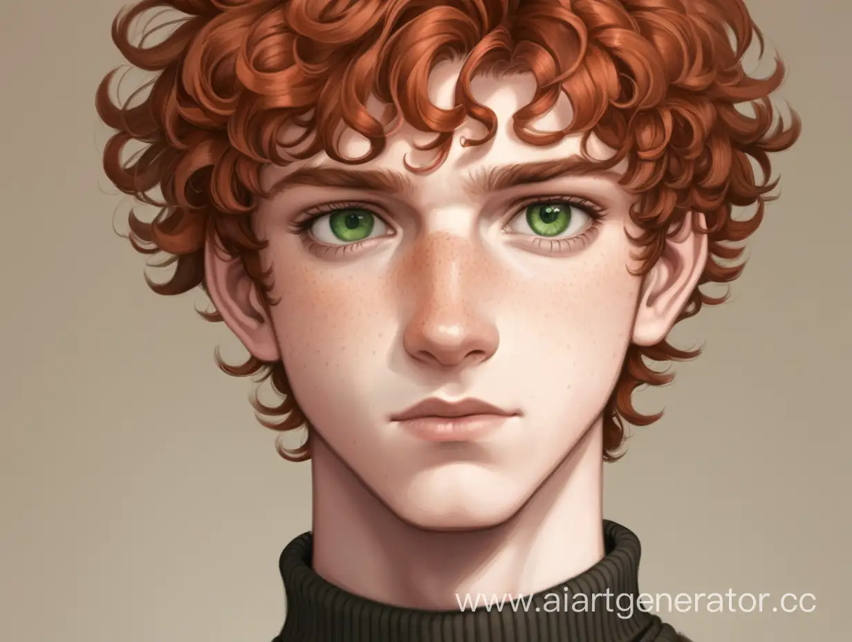 Парень 18 лет, с короткими рыжими кудрявыми волосами, среднего телосложения, зеленые глаза, веснушки, в коричневой водолазке