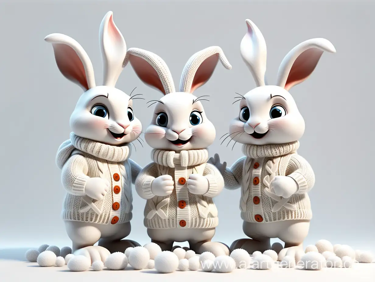 Stock image of two white bunnies in winter knitted clothes dressing up a white Christmas tree on a white background, 3d rendering, cartoon, 32k
