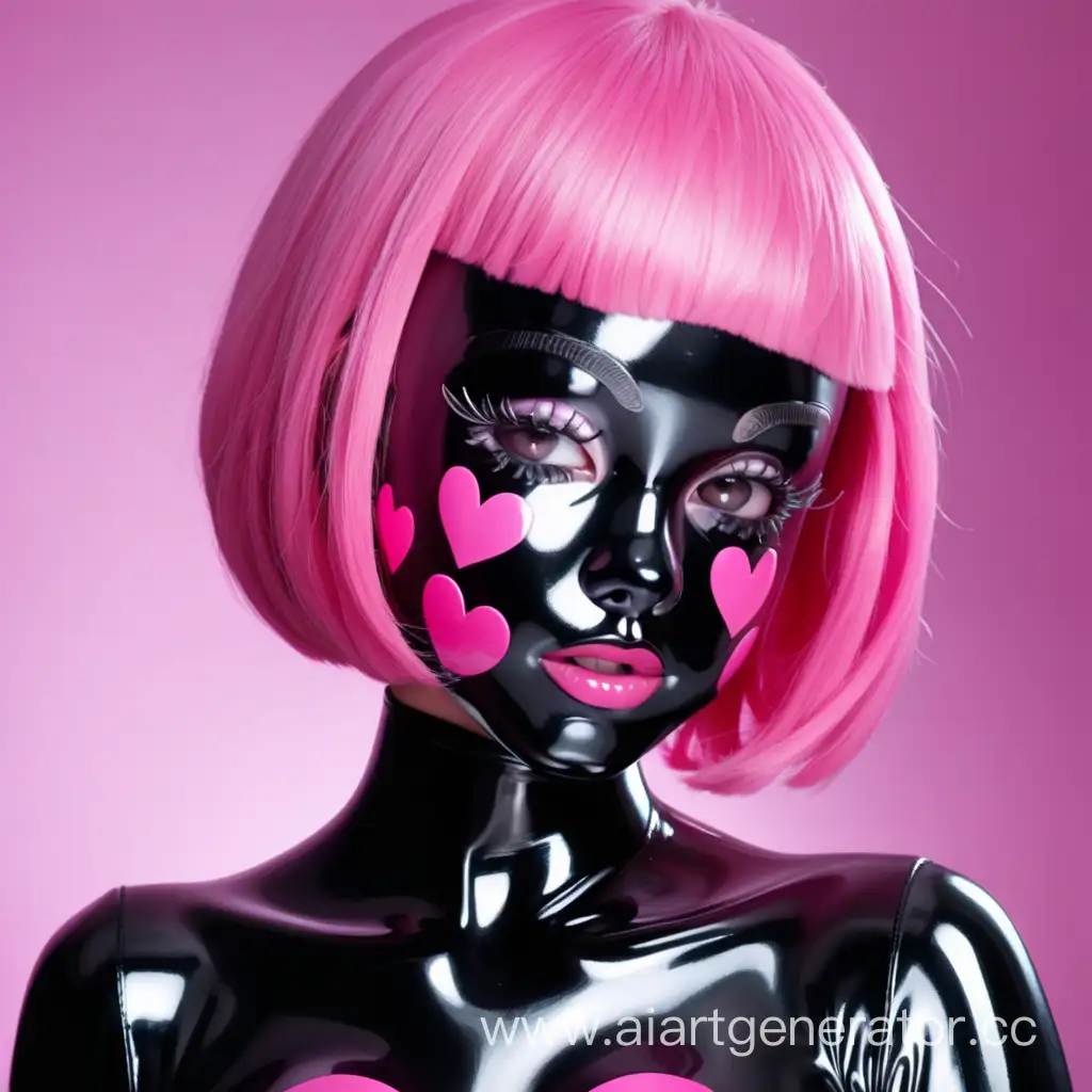 Латексная девушка с черной глянцевой латексной кожей. С черным латексным лицом. С розовыми резиновыми волосами с розовыми сердечками на щеках.
