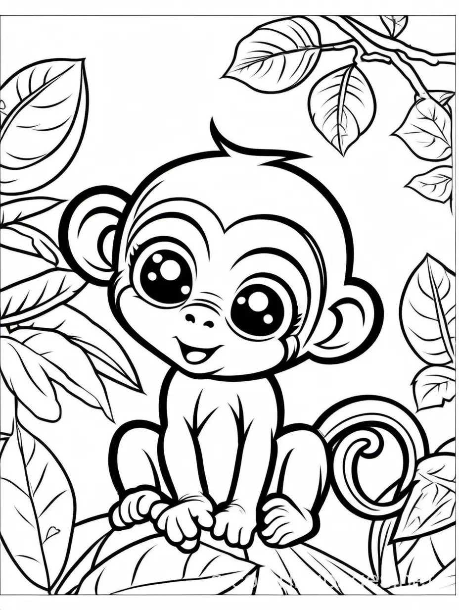 cute baby monkey playing, Coloring Page, black and white, line art, white background, Simplicity, Ample White Space. The background of the coloring page is plain white to make it easy for young children to color within the lines. The outlines of all the subjects are easy to distinguish, making it simple for kids to color without too much difficulty
