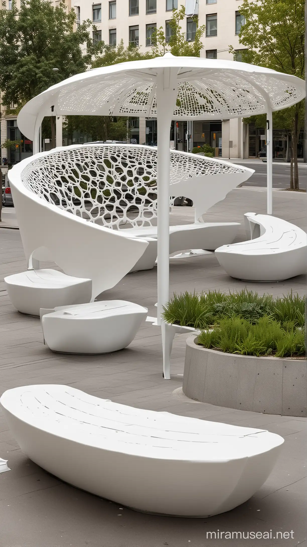 An urban furniture design with a bench and shade protection function. it must be futuristic and white coloured with plastic material. its appearance must be inspered by plants. it should have a circular structure.