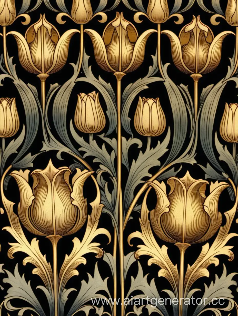 aesthetic, art nouveau, decorative, design, detailed, floral, historic, HQ, ornamental, pattern, retro, textile, vintage, wallpaper, William Morris tulip in  gold colors ON BLACK background 