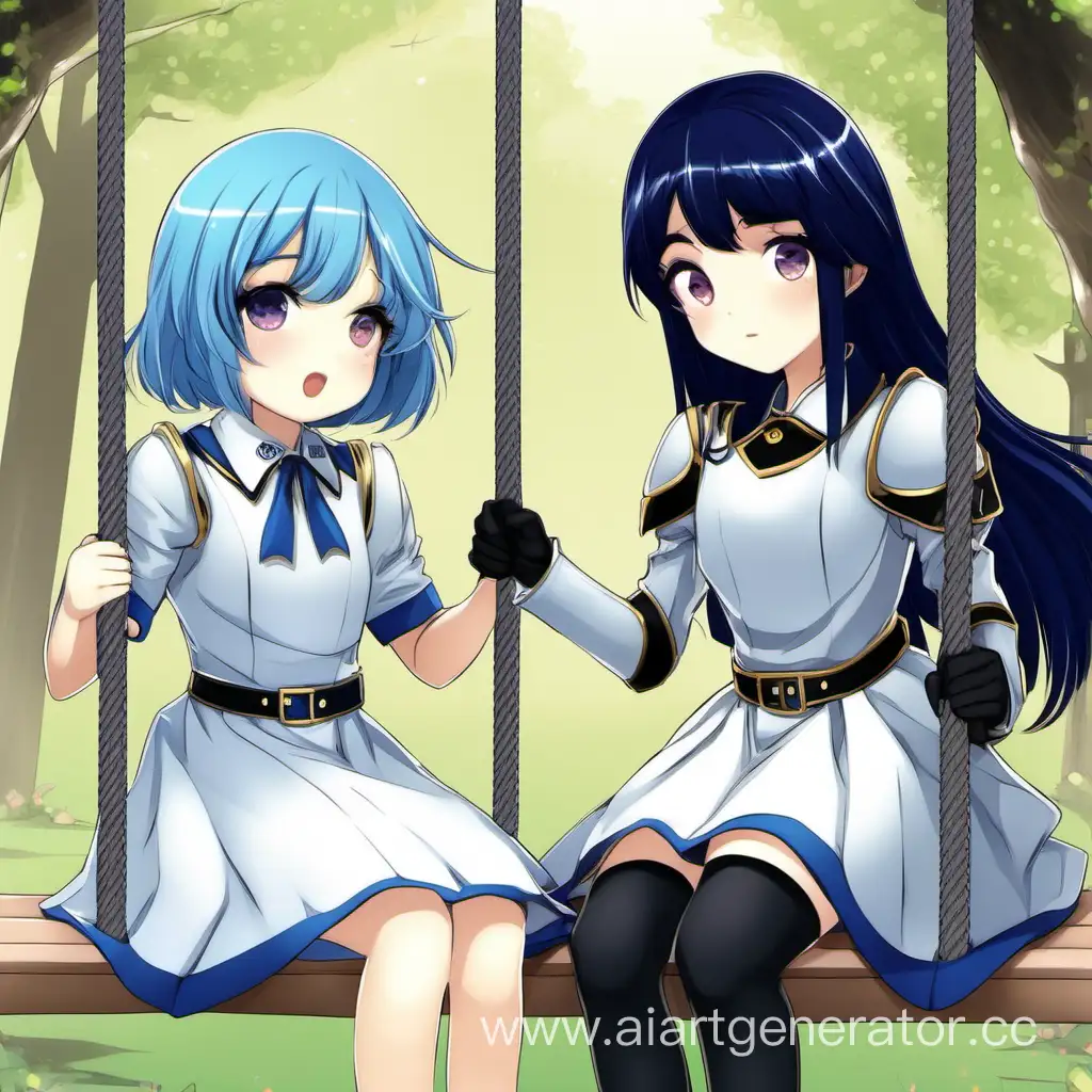 2girls, sitting on the swing 1girl, knight uniform, black bob hair, dark eyes  1girl, blue hair, princess