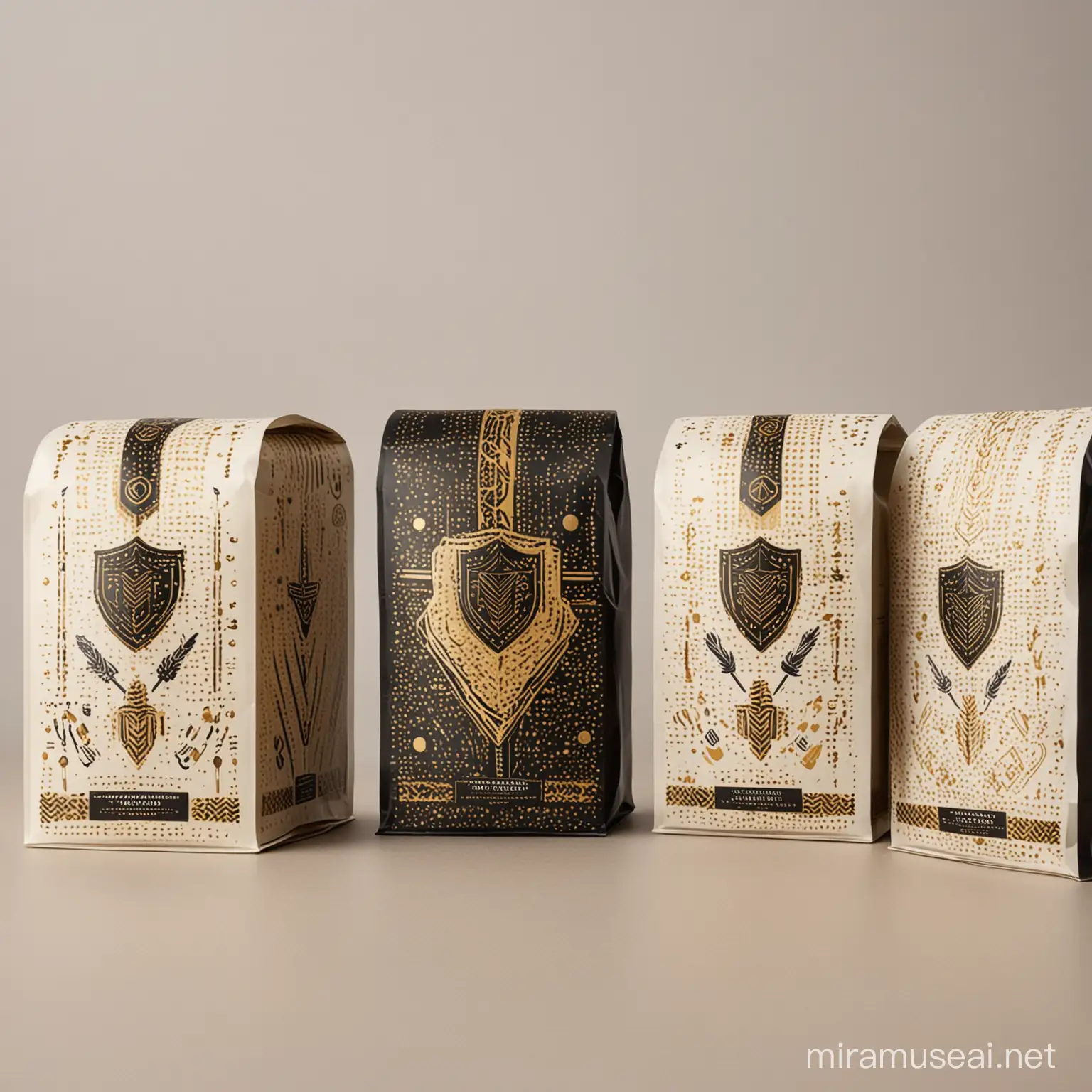 design me coffee packaging in black and gold with african print consisting of shields, arrows, lines and dots in an off white colour