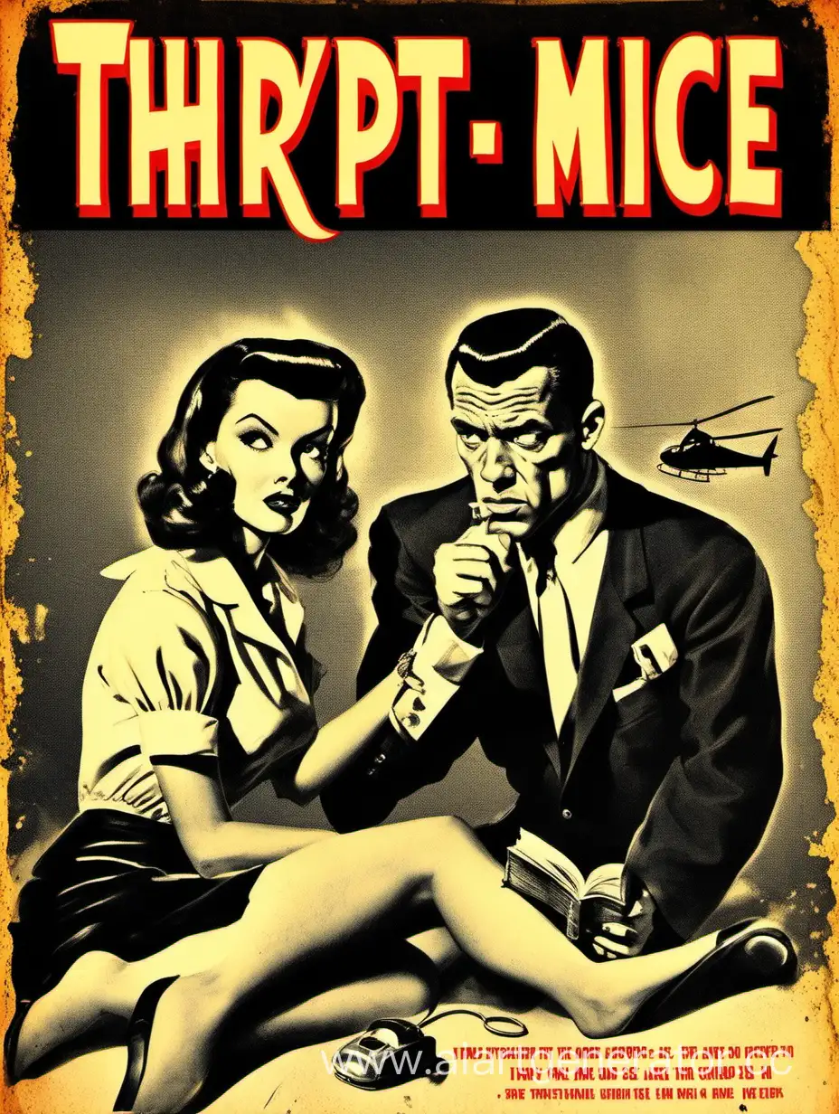 Create a lurid book cover in the style of 1950's pulp fiction covers. of 3 blind mice. The title is called  "THRYPTIC". The price is $5.99