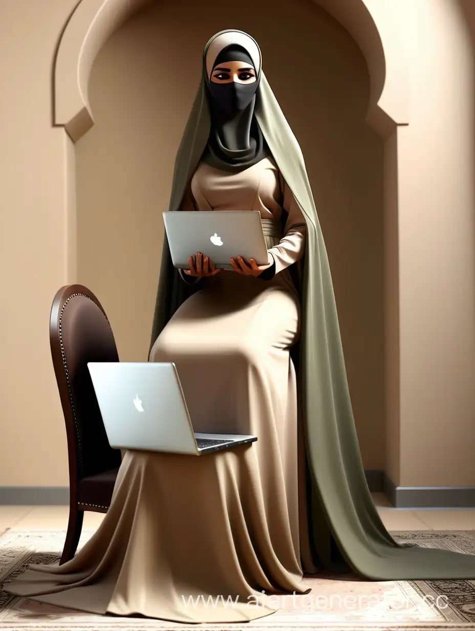 Muslim-Woman-in-Elegant-Khaki-Tones-Using-Laptop