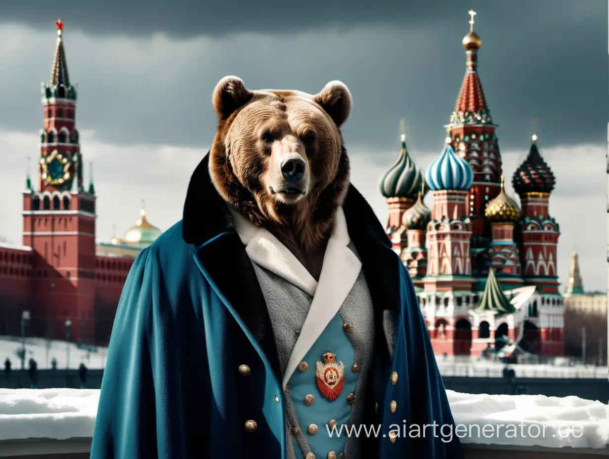 Great russian bear in the royal coat, cinematic color, royal aesthetics, cold tones, royal greatness, Moscow in the background