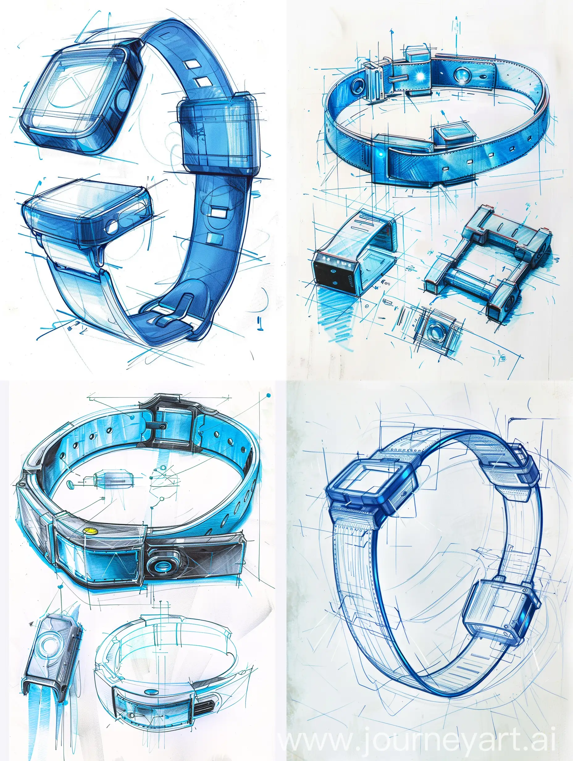 Future smart belt, blue industrial design sketch, multi angle display effect, neatly arranged