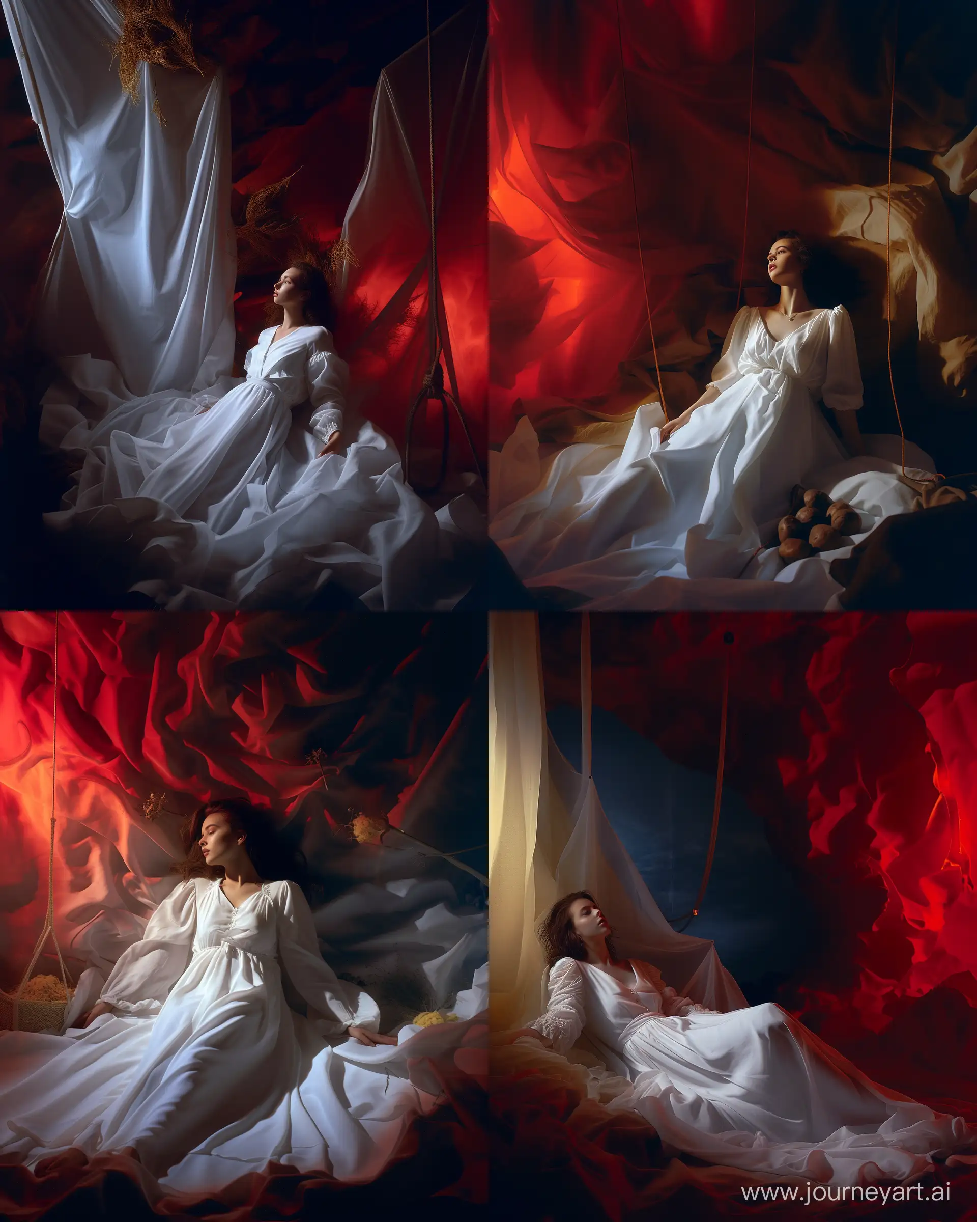 https://i.postimg.cc/PqBMNnT3/staged-photography-of-dorothea-tanning-abstract-atmosphere-dark-surrealistic-and-poeticald.png , A girl lying in a long white dress in an abstract space, surrealistic, dark red lighting --ar 4:5