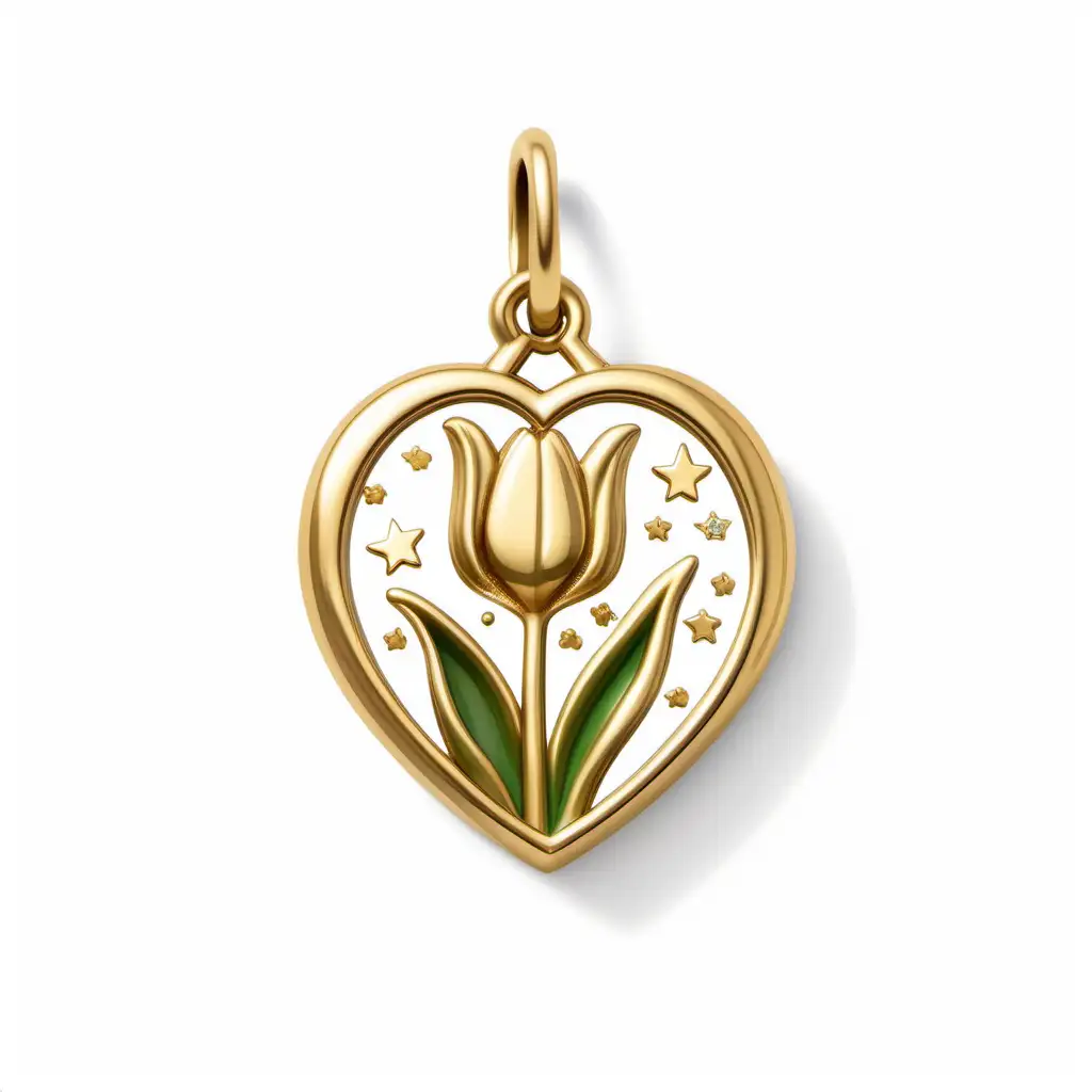 gold tulip charm on white background with stars and heart