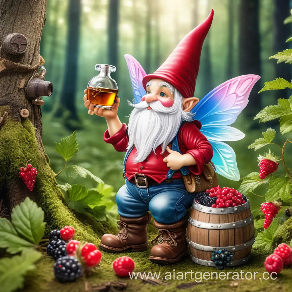 Сказочный гном в лесу гонит виски из ягод