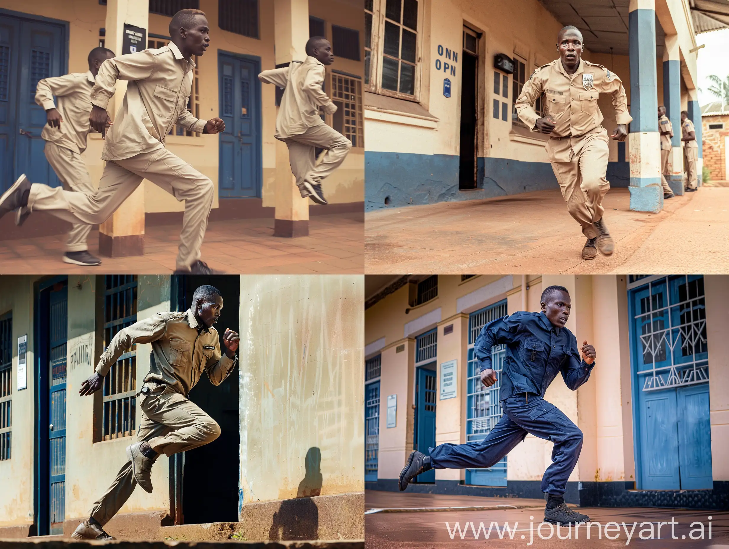 An image of Detective in Uganda, haircut, Africa man, tall, handsome, light skinned, running at a police station, multiple poses