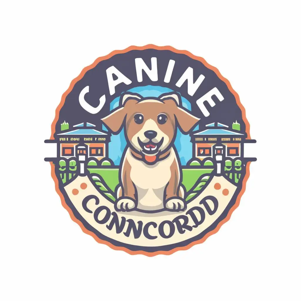 logo, cute dog with human, college, food canteen, coexistence, with the text "canine concord", typography