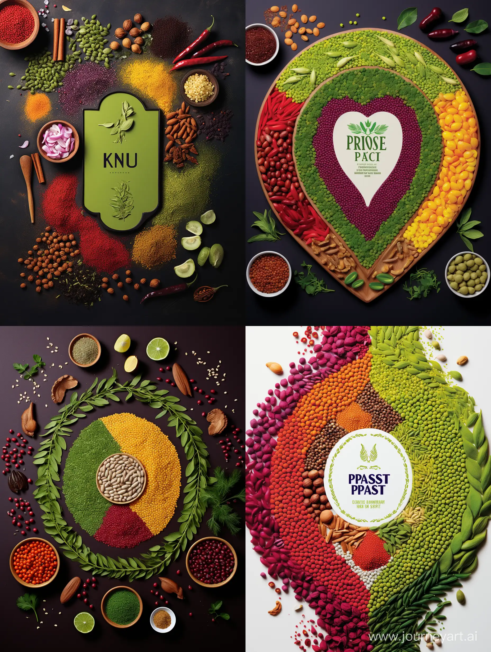 Design a vibrant and creative product image featuring a variety of pulses: Desi chickpeas, Red Speckled kidney beans, Fava beans, Green Mung beans, Light Speckled Kidney beans, and White pea beans. Arrange the pulses in an artistic, non-overlapping layout, like a mosaic that showcases their distinct shapes and colors. Use contrasting backdrops for each pulse type and enhance the image with clear, bright lighting that highlights their unique textures and makes the colors pop. 