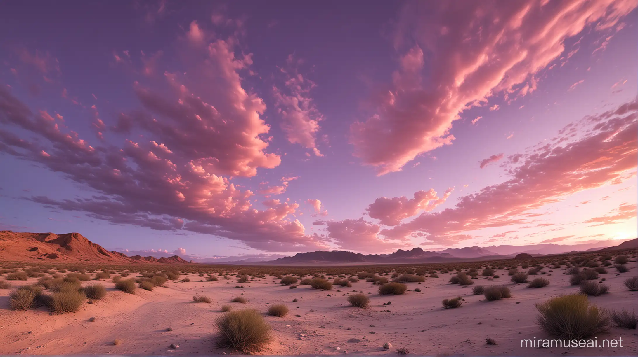 HDRI rendering of desert with pink and violet sky, clouds, and environment.