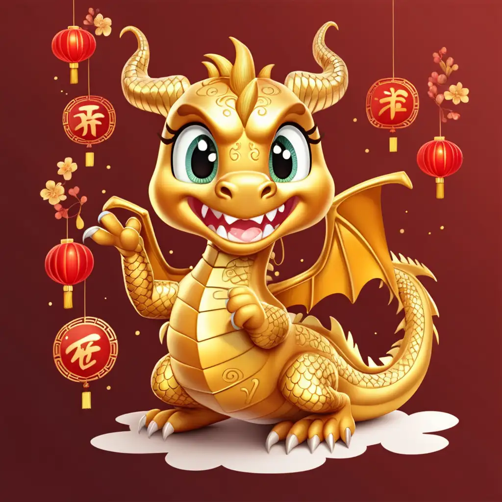 Adorable Cartoon Golden Dragon Celebrates Chinese New Year