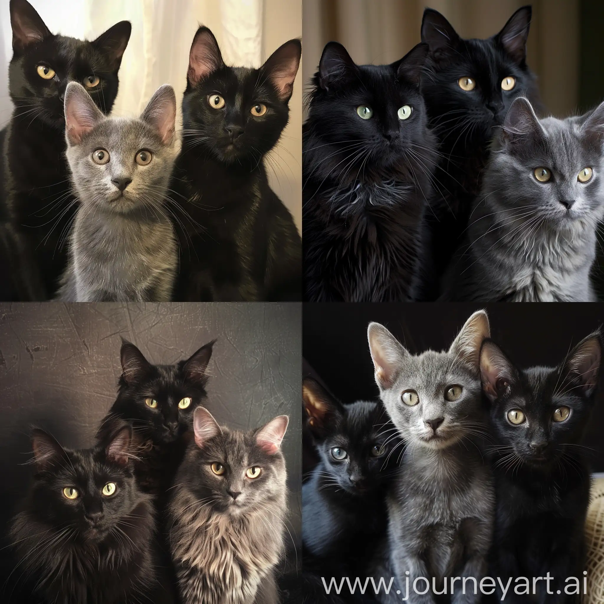 三只猫，2只黑色1只灰色的