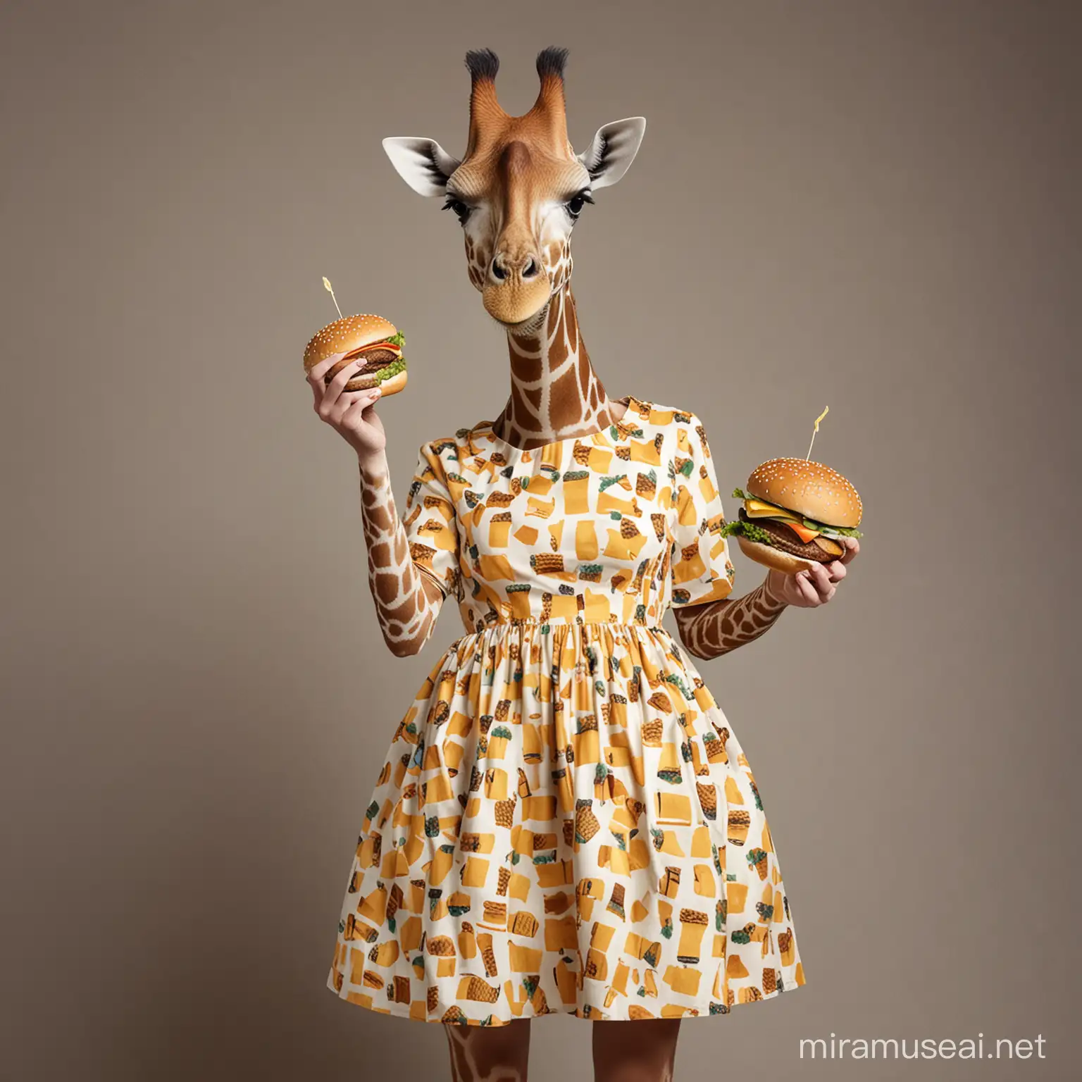 giraffe wear a dress 
and  eat burger