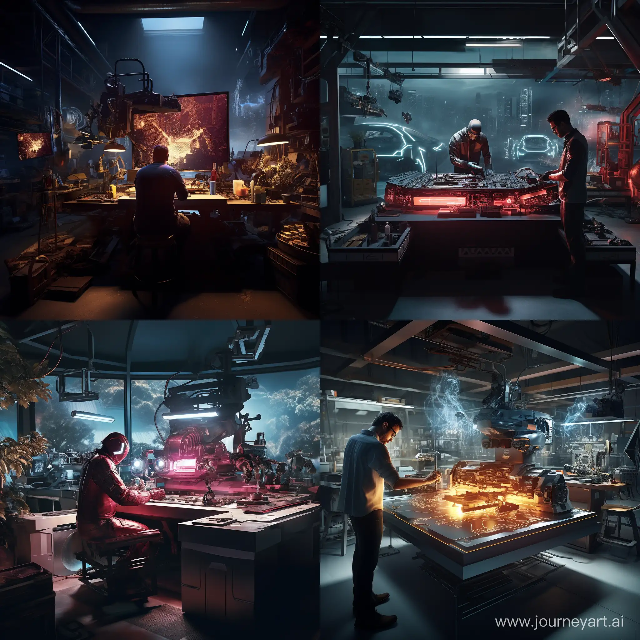 Generate a landscape image featuring a person in an expansive, high-tech workshop resembling Tony Stark's garage. The person, seen from the back, is operating a welding station on a wide desk equipped with cutting-edge robotics. Illuminate the scene with strategically placed lighting to highlight the workstation and create a dynamic atmosphere. Ensure super clarity and high detail throughout, with a focus on the welding process, including realistic sparks and the glow of the operation. Incorporate an art station quality, emphasizing sleek and futuristic design elements reminiscent of Tony Stark's style. The image should convey an advanced technological environment with intricate details, textures, reflections, and shadows, meeting the standards of a professional art station.
