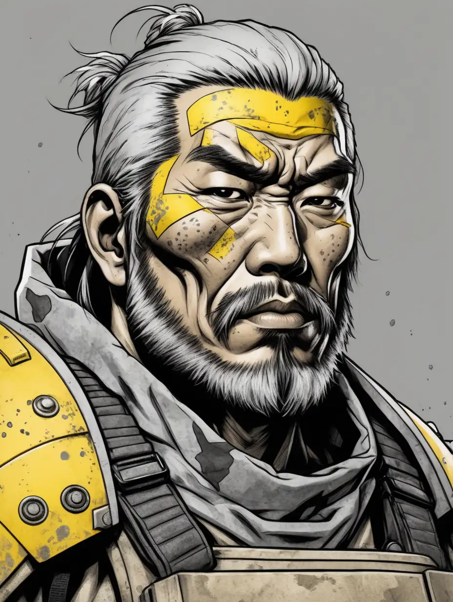 inked comic book art style. Close up portrait. Grizzled Japanese mercenary. No tattoos on face. Wearing light grey and yellow power armor. Grey background.