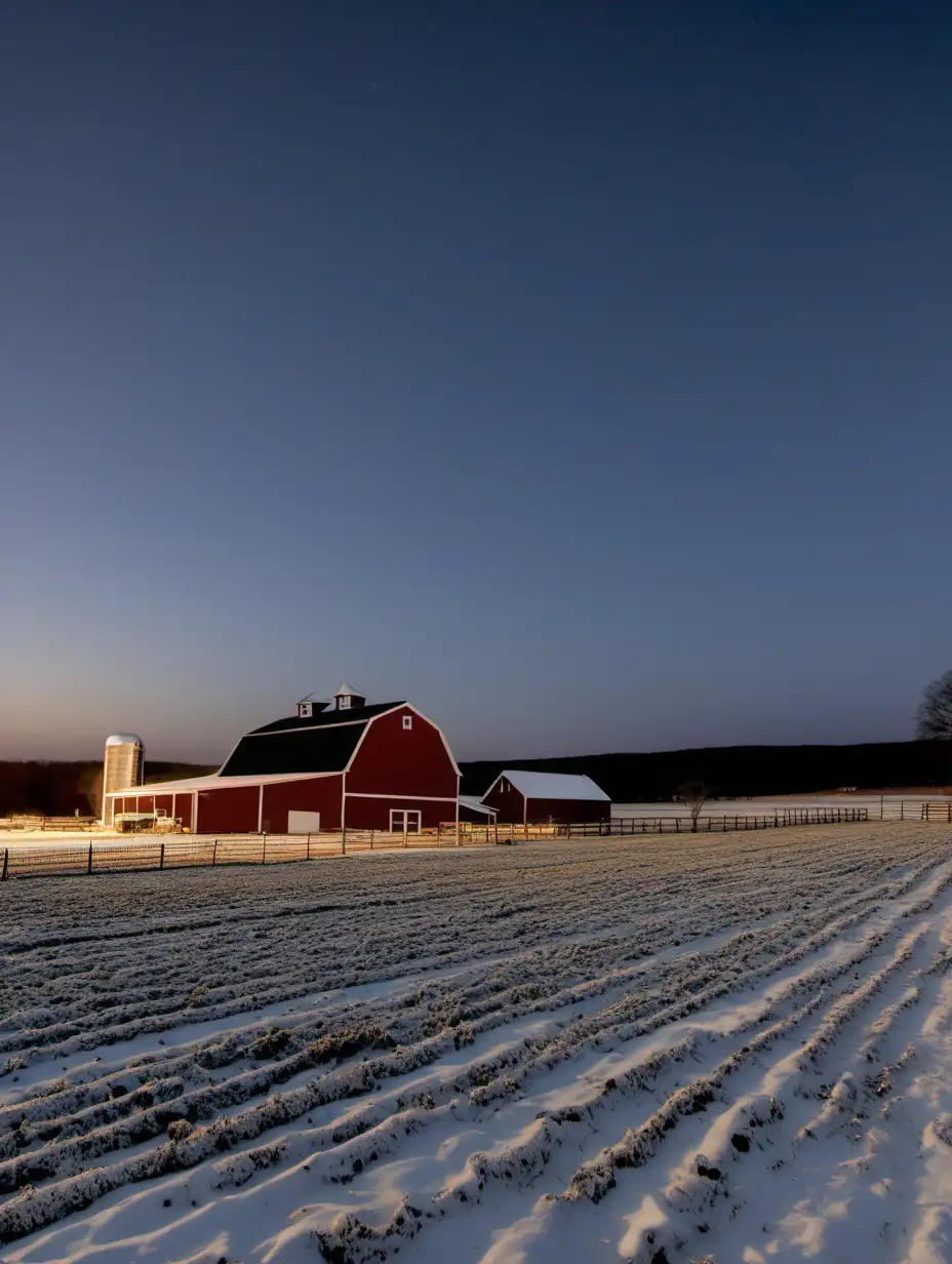Charming Winter Farm Scene at Dusk with Light Snowfall