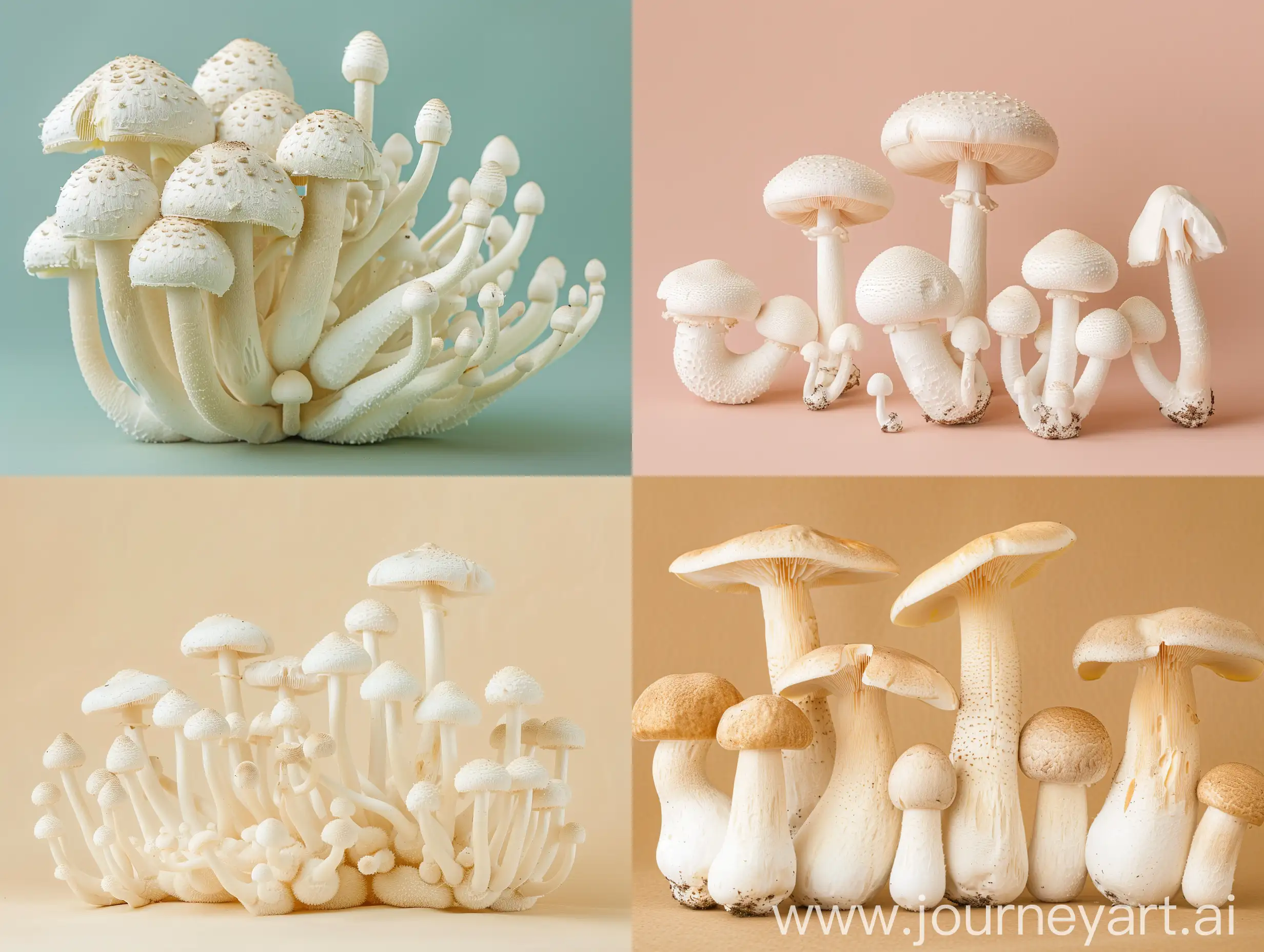 Studio photography with a single color background of several types of white mushrooms