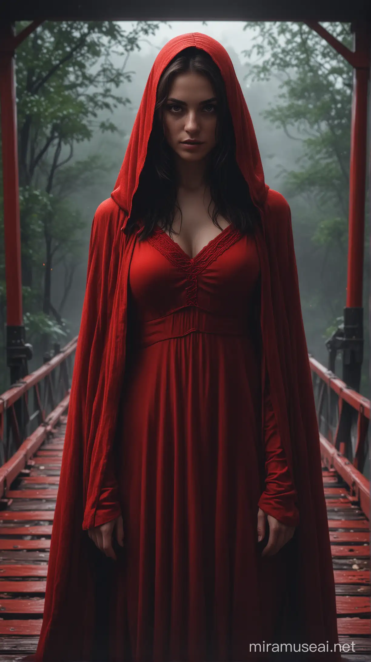 a close up of woman standing in front of a red bridge, dark fantasy mixed with realism, cgsociety uhd 4k highly detailed, cgsociety ), cgsociety 4k”, photorealistic dark concept art, cinematic realistic portrait, cgsociety 9, cgsociety 8 k, cgsociety 8k, cgsociety 8k, inspired by irakli nadar, ghost face, scary face, spooky, wearing red dress cloak, dark eyes, slit mouthrd,